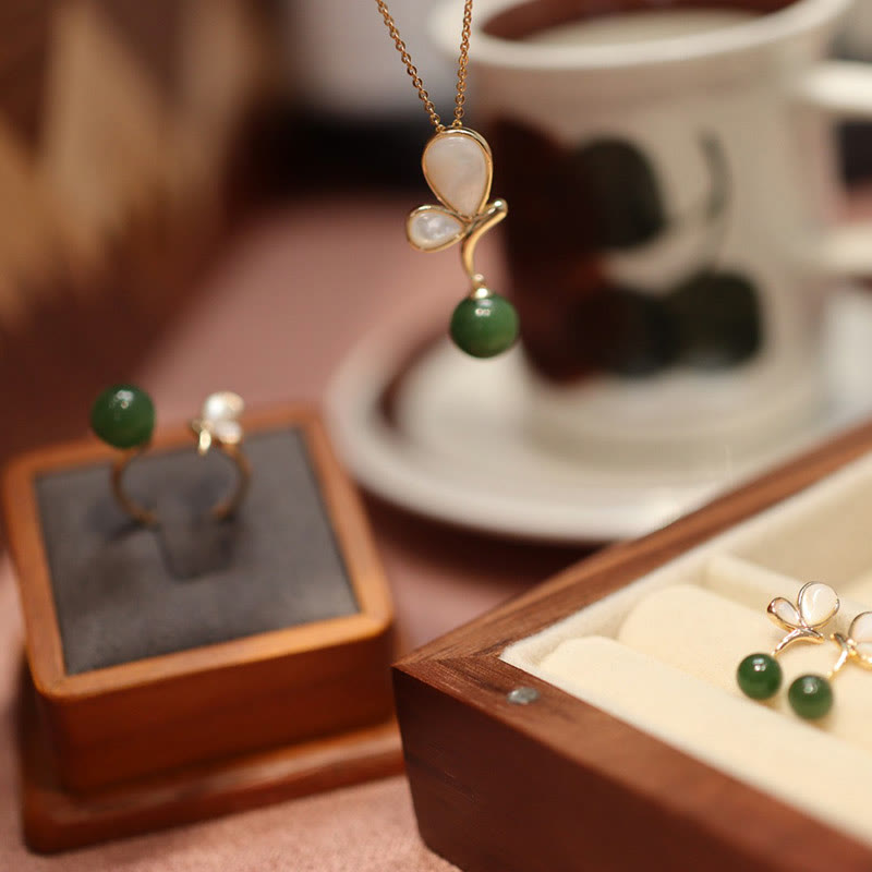 Buddha Stones Natural Butterfly Tridacna Stone Cyan Jade Copper Plated Gold Calm Necklace Pendant Ring Earrings Set - image 1