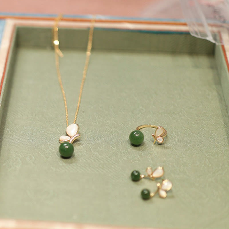 Buddha Stones Natural Butterfly Tridacna Stone Cyan Jade Copper Plated Gold Calm Necklace Pendant Ring Earrings Set - 3Pcs(Necklace&Ring&Earrings) - image 0