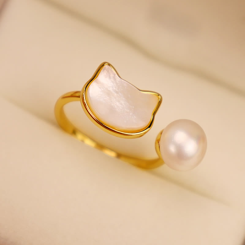 Buddha Stones Natural Pearl Copper Cat Healing Necklace Pendant Earrings - White-Ring(Adjustable) - image 8