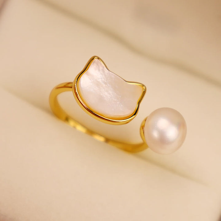 Buddha Stones Natural Pearl Copper Cat Healing Necklace Pendant Earrings - White-Ring(Adjustable) - image 8