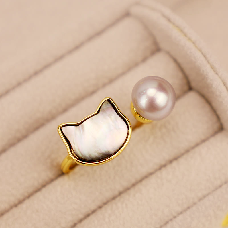 Buddha Stones Natural Pearl Copper Cat Healing Necklace Pendant Earrings - Black-Ring(Adjustable) - image 1