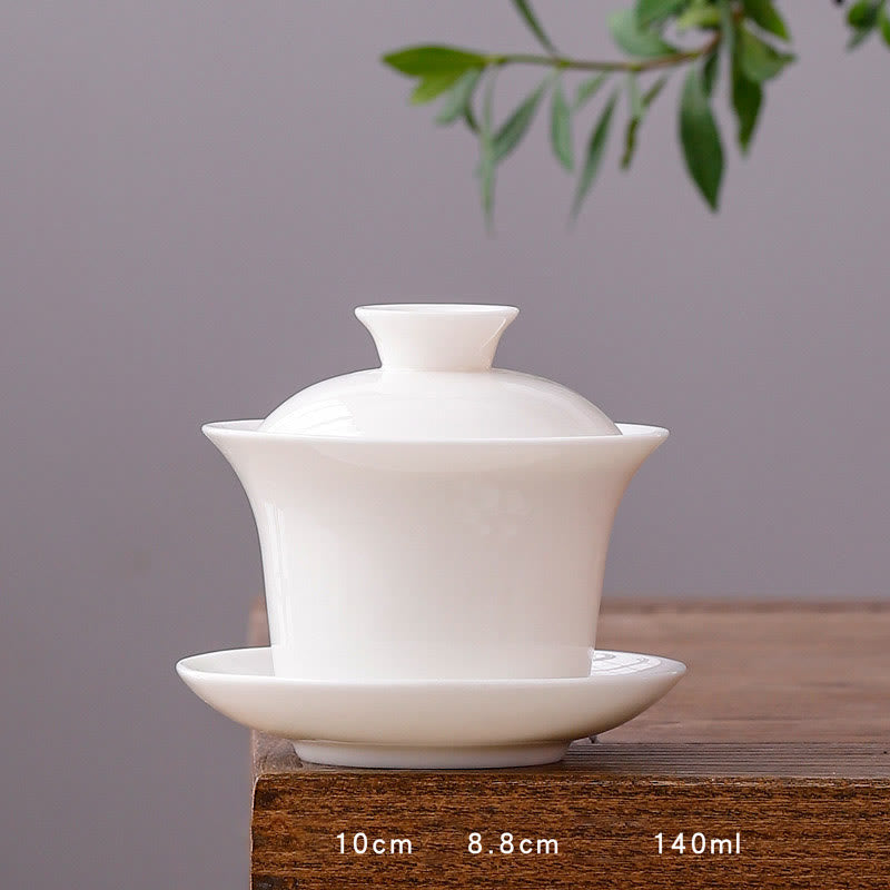 Buddha Stones White Porcelain Mountain Landscape Countryside Ceramic Gaiwan Teacup Kung Fu Tea Cup And Saucer With Lid - Long Cup-Pure White(8.8cm*10cm*140ml) - image 2
