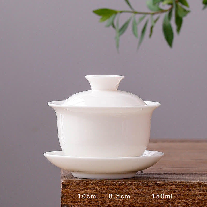 Buddha Stones White Porcelain Mountain Landscape Countryside Ceramic Gaiwan Teacup Kung Fu Tea Cup And Saucer With Lid - Round Cup-Pure White (8.5cm*10cm*150ml) - image 0