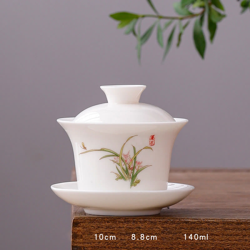 Buddha Stones White Porcelain Mountain Landscape Countryside Ceramic Gaiwan Teacup Kung Fu Tea Cup And Saucer With Lid - Long Cup-Orchid(8.8cm*10cm*140ml) - image 17