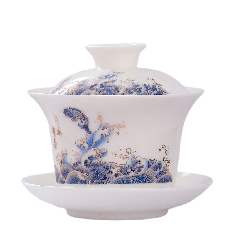 Buddha Stones White Porcelain Mountain Landscape Countryside Ceramic Gaiwan Teacup Kung Fu Tea Cup And Saucer With Lid - image 11