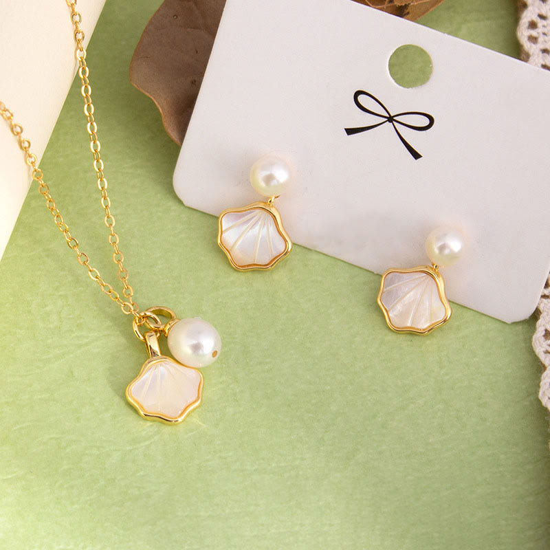 Buddha Stones Ginkgo Tridacna Stone Pearl Bead Copper Blessing Necklace Pendant Ring Earrings Set - image 1