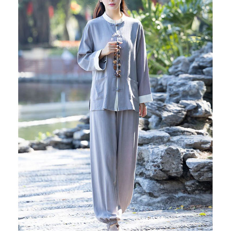 Buddha Stones 2Pcs Frog-Button Long Sleeve Shirt Top Pants Meditation Zen Tai Chi Cotton Linen Clothing Women's Set - image 8