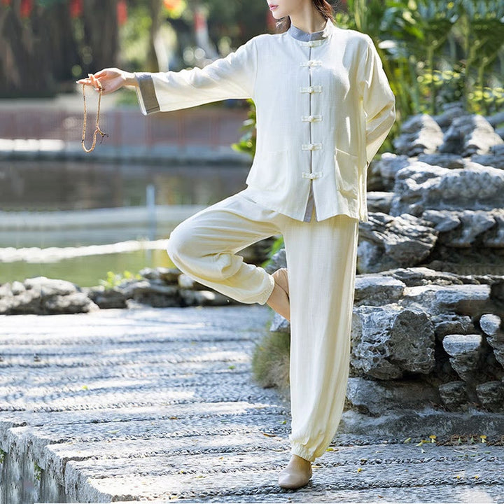 Buddha Stones 2Pcs Frog-Button Long Sleeve Shirt Top Pants Meditation Zen Tai Chi Cotton Linen Clothing Women's Set - Beige(Top&Pants) - US8-10，UK/AU12-14，EU40-42 (2XL) - image 0