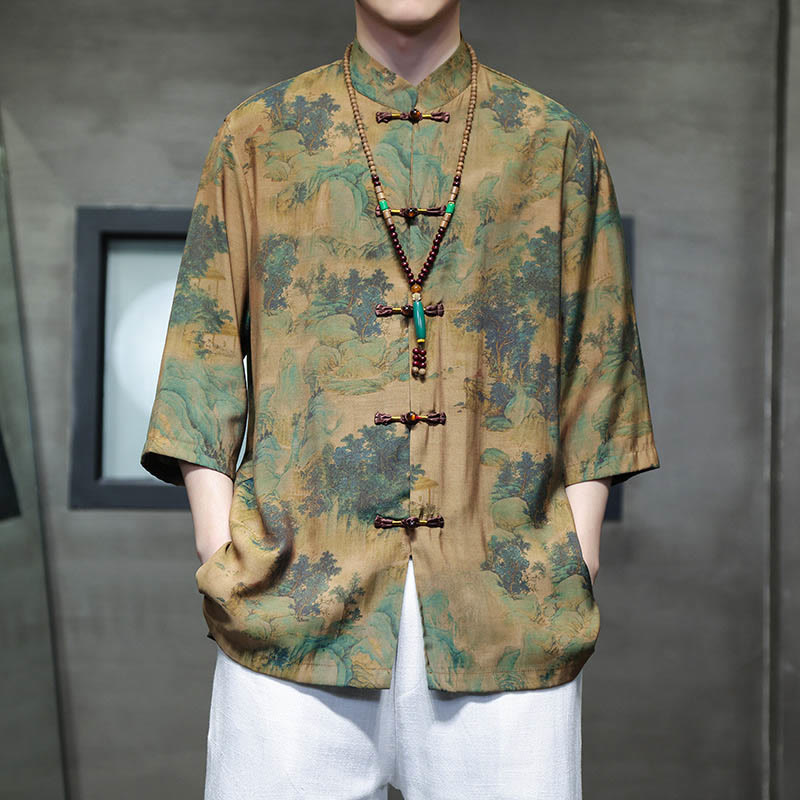 Buddha Stones Landscape Chinese Dragon Pattern Chinese Three Quarter Sleeve Shirt Men T-shirt - Landscape(Top Only) - US/UK/AU46，EU56 (5XL)  - image 0