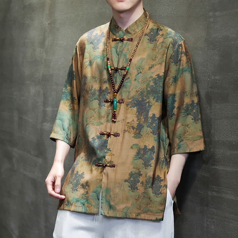 Buddha Stones Landscape Chinese Dragon Pattern Chinese Three Quarter Sleeve Shirt Men T-shirt - image 7