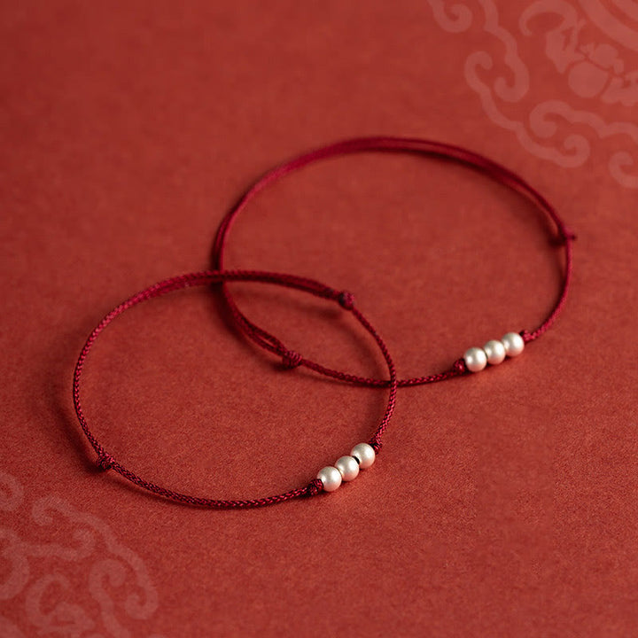 Buddha Stones 925 Sterling Silver Three Beads Protection String Bracelet Anklet - image 1