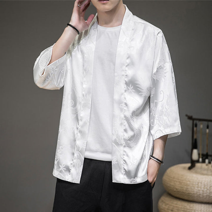 Buddha Stones Chinese Dragon Open Front Jacket Men's Kimono - image 3