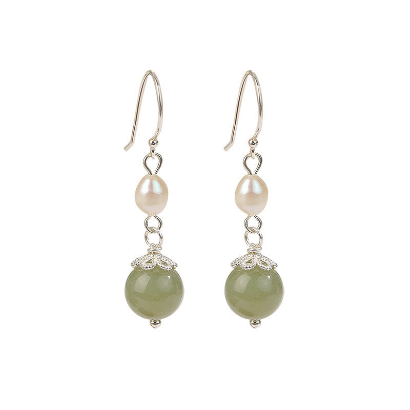 Buddha Stones 925 Sterling Silver Natural Pearl Jade Wisdom Earrings - image 4
