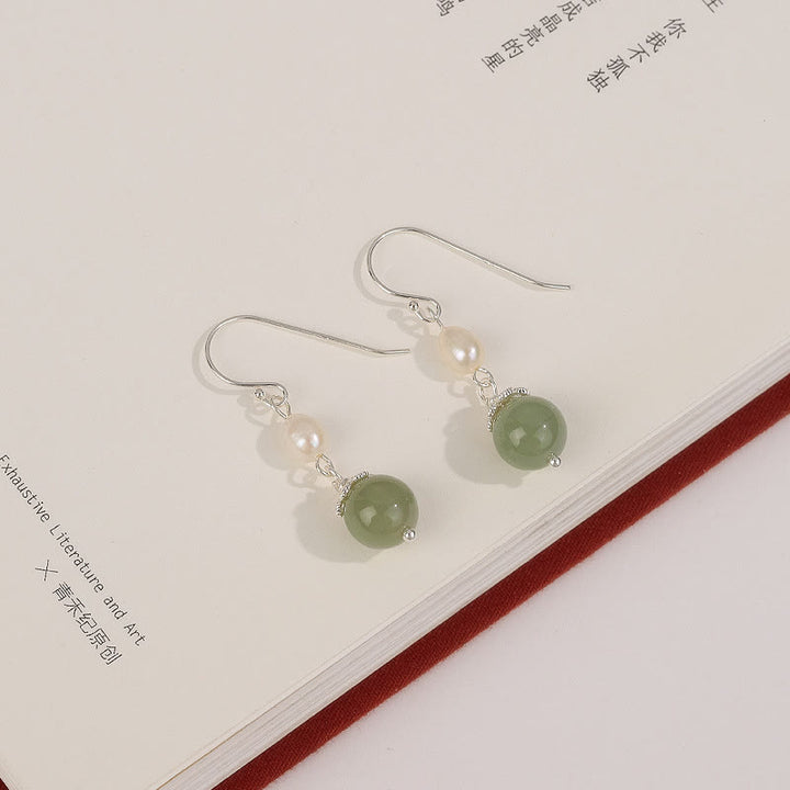 Buddha Stones 925 Sterling Silver Natural Pearl Jade Wisdom Earrings - image 3