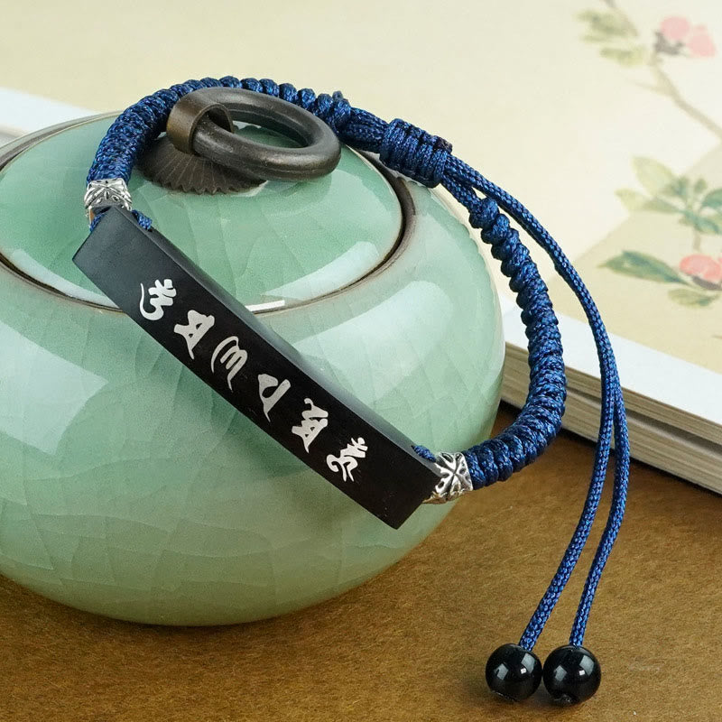 Buddha Stones Buddhism Six True Words Wood Ebony Wood Silver Inlaid Protection Bracelet - image 1