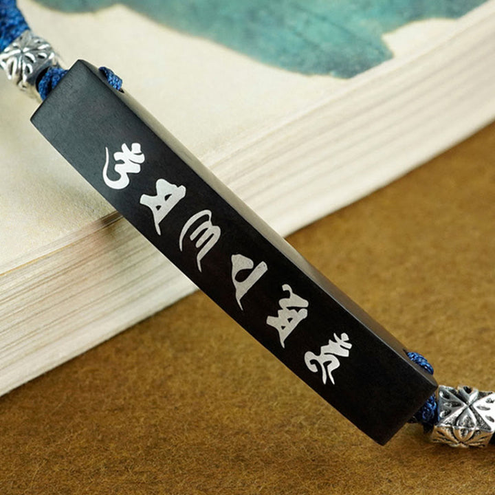 Buddha Stones Buddhism Six True Words Wood Ebony Wood Silver Inlaid Protection Bracelet - image 3