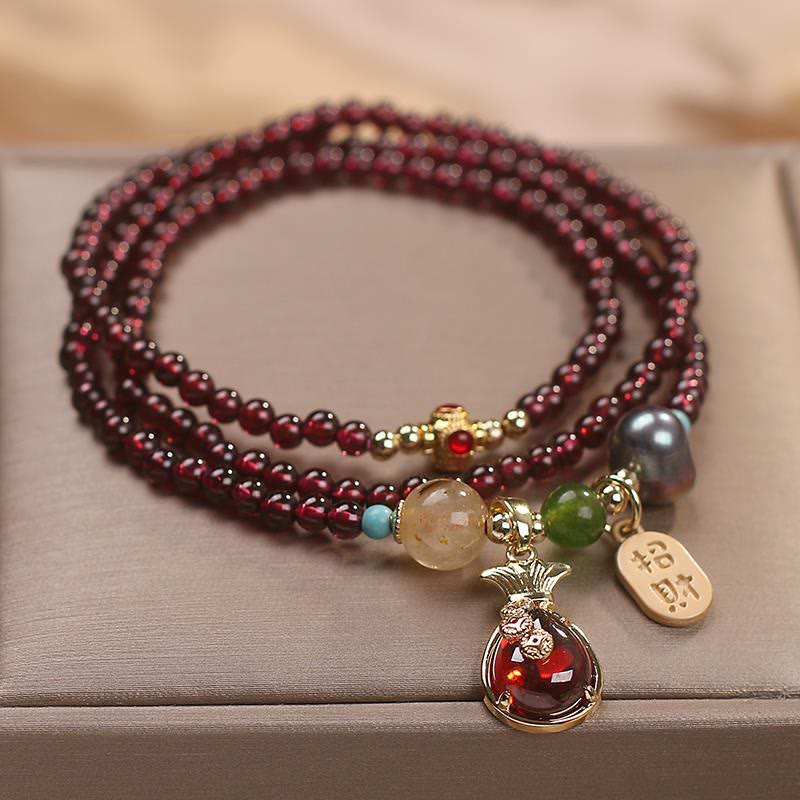 Buddha Stones Multi Layered Natural Garnet Jade Coin Money Bag Attracting Wealth Protection Bracelet - image 3