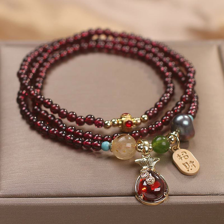 Buddha Stones Multi Layered Natural Garnet Jade Coin Money Bag Attracting Wealth Protection Bracelet - image 3