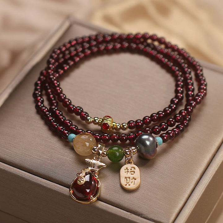 Buddha Stones Multi Layered Natural Garnet Jade Coin Money Bag Attracting Wealth Protection Bracelet - image 4