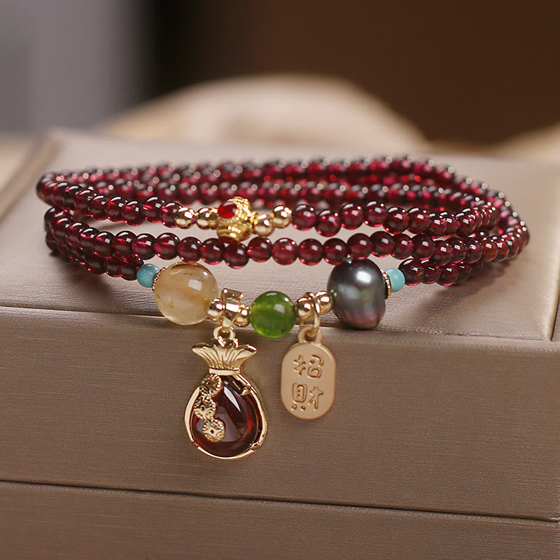 Buddha Stones Multi Layered Natural Garnet Jade Coin Money Bag Attracting Wealth Protection Bracelet - image 1