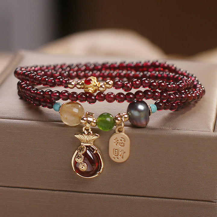 Buddha Stones Multi Layered Natural Garnet Jade Coin Money Bag Attracting Wealth Protection Bracelet - image 1
