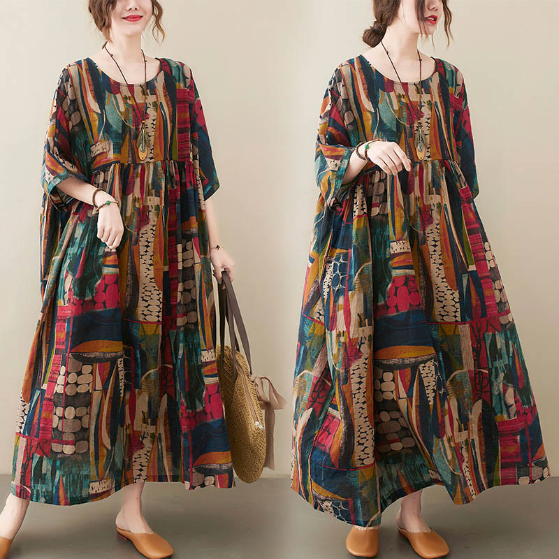 Buddha Stones Colorful Graphics Midi Dress Cotton Half Sleeve Tunic Dress With Pockets - image 6