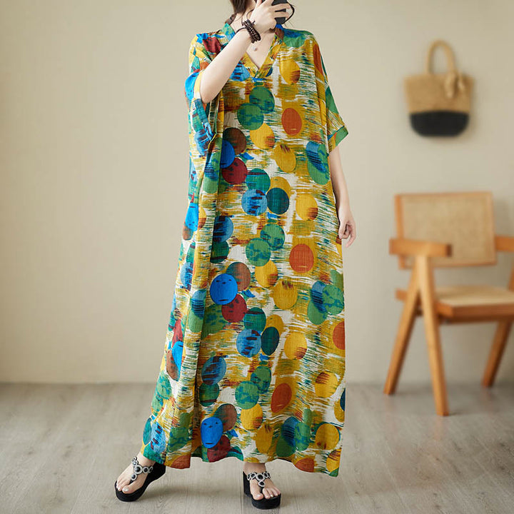 Buddha Stones Orange Blue Colorful Polka Dots Midi Dress Cotton Half Sleeve Dress With Pockets - image 4