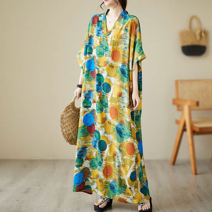 Buddha Stones Orange Blue Colorful Polka Dots Midi Dress Cotton Half Sleeve Dress With Pockets - image 2