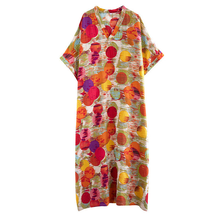 Buddha Stones Orange Blue Colorful Polka Dots Midi Dress Cotton Half Sleeve Dress With Pockets - image 14