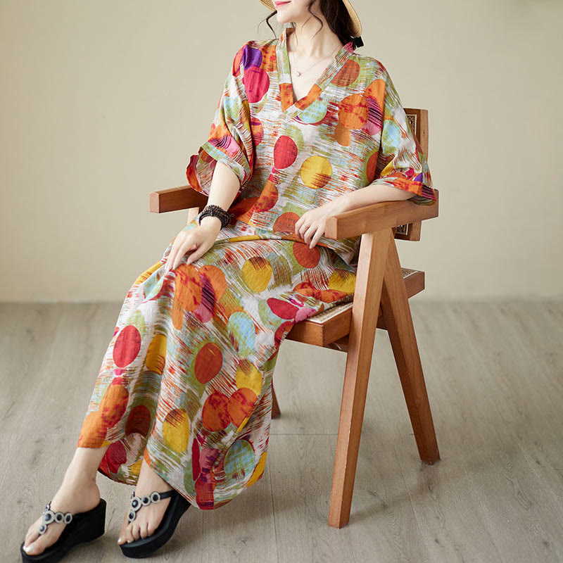 Buddha Stones Orange Blue Colorful Polka Dots Midi Dress Cotton Half Sleeve Dress With Pockets - image 10