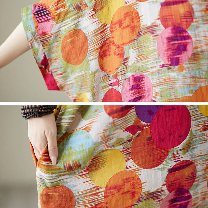 Buddha Stones Orange Blue Colorful Polka Dots Midi Dress Cotton Half Sleeve Dress With Pockets - image 16