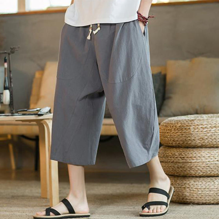 Buddha Stones Solid Color Mid-length Linen Men's Wide Leg Pants With Pockets - Gray - US/UK/AU46，EU56 (5XL) - image 25