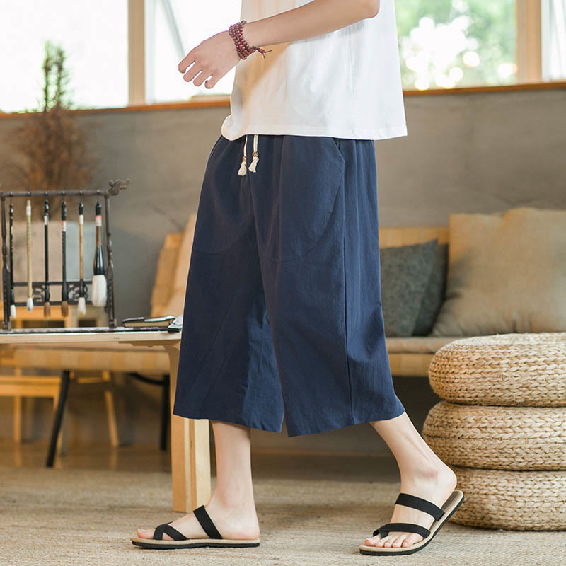 Buddha Stones Solid Color Mid-length Linen Men's Wide Leg Pants With Pockets - Navy Blue - US/UK/AU46，EU56 (5XL) - image 9