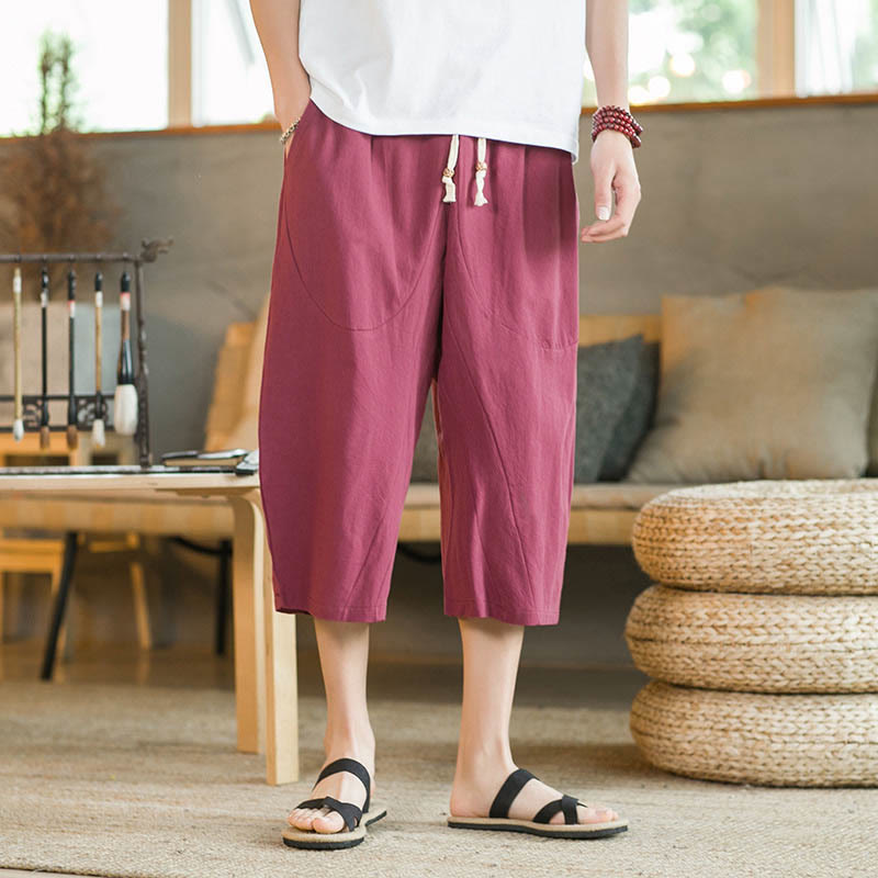 Buddha Stones Solid Color Mid-length Linen Men's Wide Leg Pants With Pockets - image 18