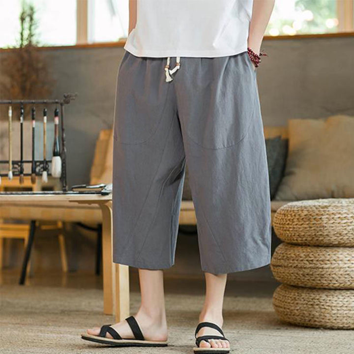 Buddha Stones Solid Color Mid-length Linen Men's Wide Leg Pants With Pockets - image 28