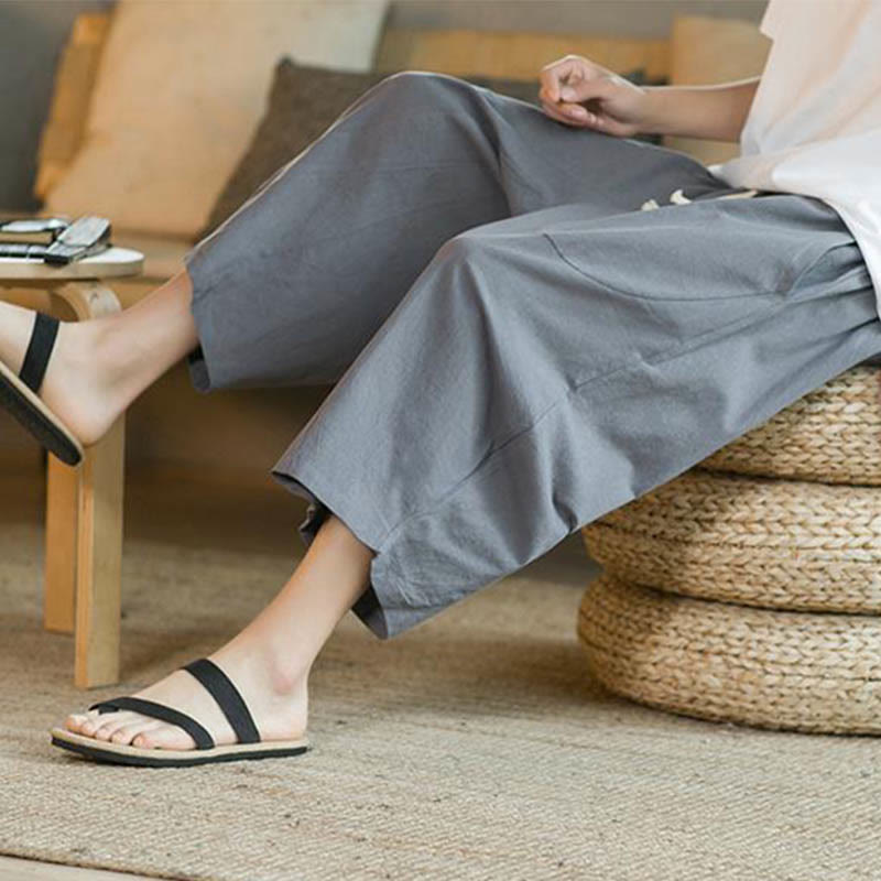 Buddha Stones Solid Color Mid-length Linen Men's Wide Leg Pants With Pockets - image 31