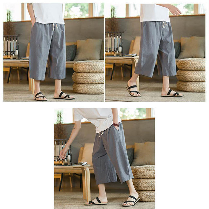 Buddha Stones Solid Color Mid-length Linen Men's Wide Leg Pants With Pockets - image 32