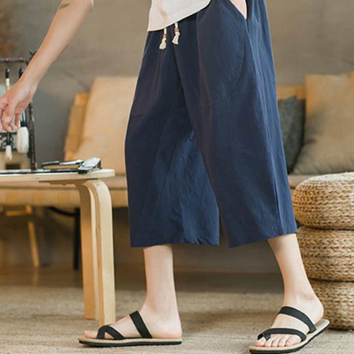 Buddha Stones Solid Color Mid-length Linen Men's Wide Leg Pants With Pockets - image 10