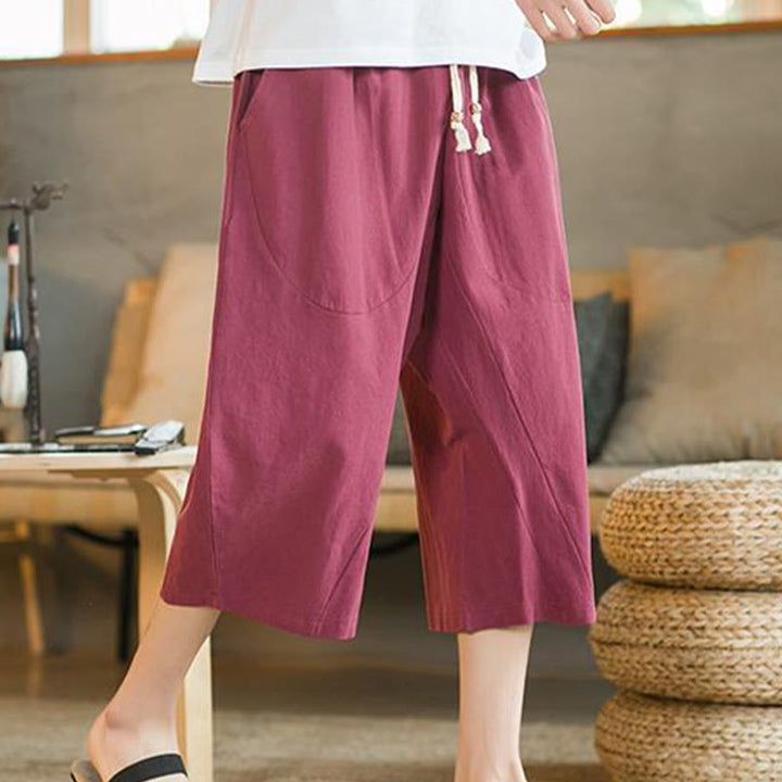 Buddha Stones Solid Color Mid-length Linen Men's Wide Leg Pants With Pockets - Red - US/UK/AU46，EU56 (5XL) - image 16