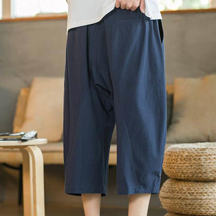 Buddha Stones Solid Color Mid-length Linen Men's Wide Leg Pants With Pockets - image 12