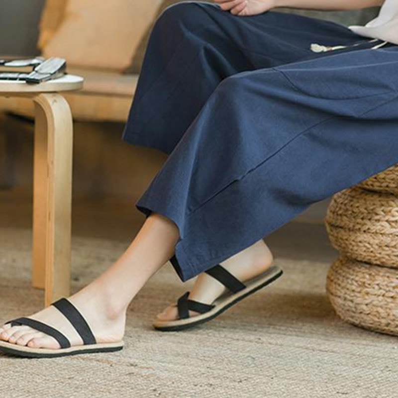 Buddha Stones Solid Color Mid-length Linen Men's Wide Leg Pants With Pockets - image 14