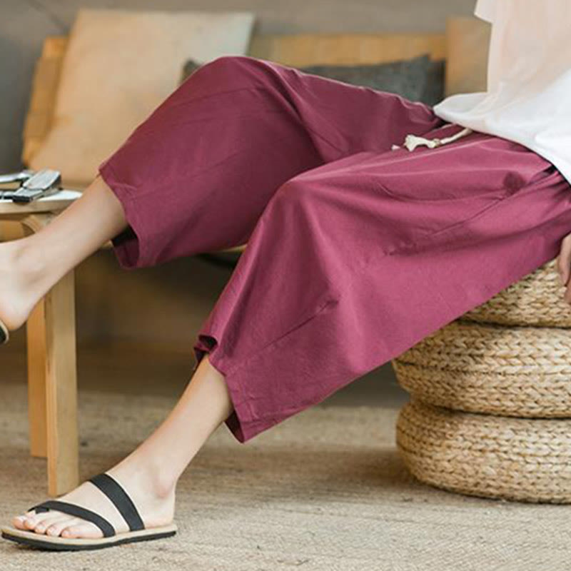 Buddha Stones Solid Color Mid-length Linen Men's Wide Leg Pants With Pockets - image 22