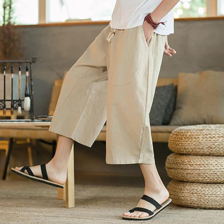 Buddha Stones Solid Color Mid-length Linen Men's Wide Leg Pants With Pockets - image 6