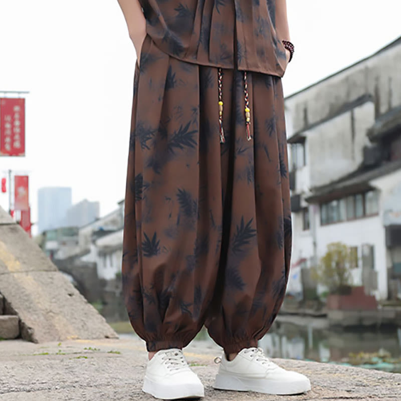 Buddha Stones Bamboo Leaves Pattern Loose Men's Harem Pants With Pockets - image 1