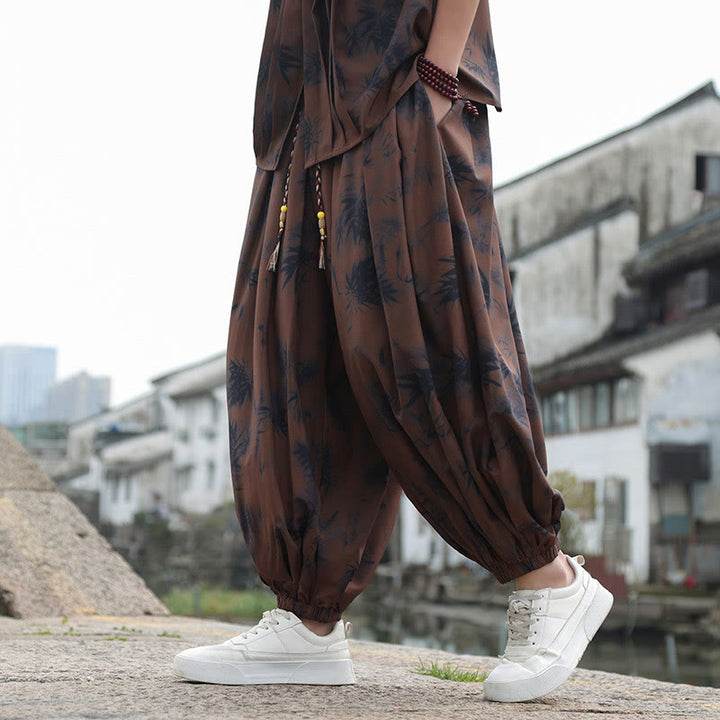 Buddha Stones Bamboo Leaves Pattern Loose Men's Harem Pants With Pockets - image 3