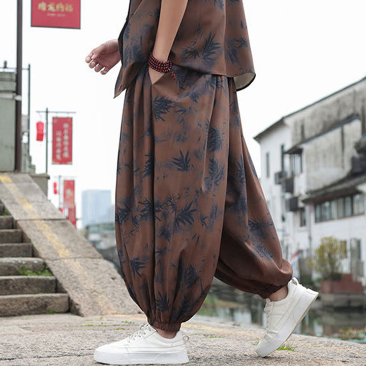 Buddha Stones Bamboo Leaves Pattern Loose Men's Harem Pants With Pockets - image 6