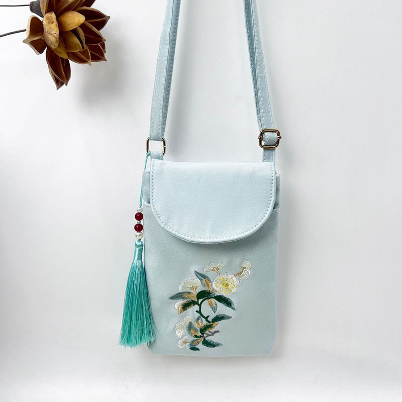 Buddha Stones Small Embroidered Flowers Crossbody Bag Shoulder Bag Double Layer Cellphone Bag - Light Green White Plum 13.5*19.5*2.5cm - image 15