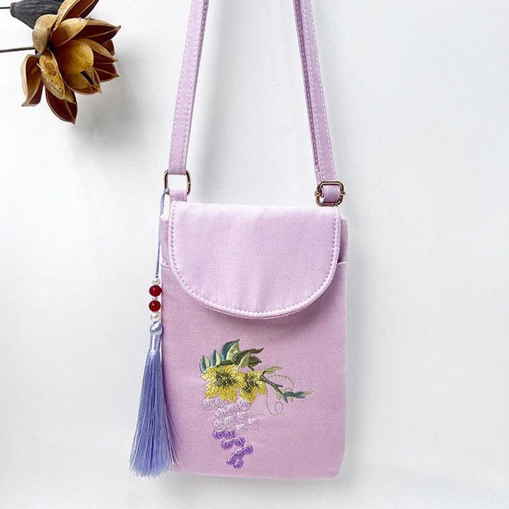 Buddha Stones Small Embroidered Flowers Crossbody Bag Shoulder Bag Double Layer Cellphone Bag - Purple Grape 13.5*19.5*2.5cm - image 19