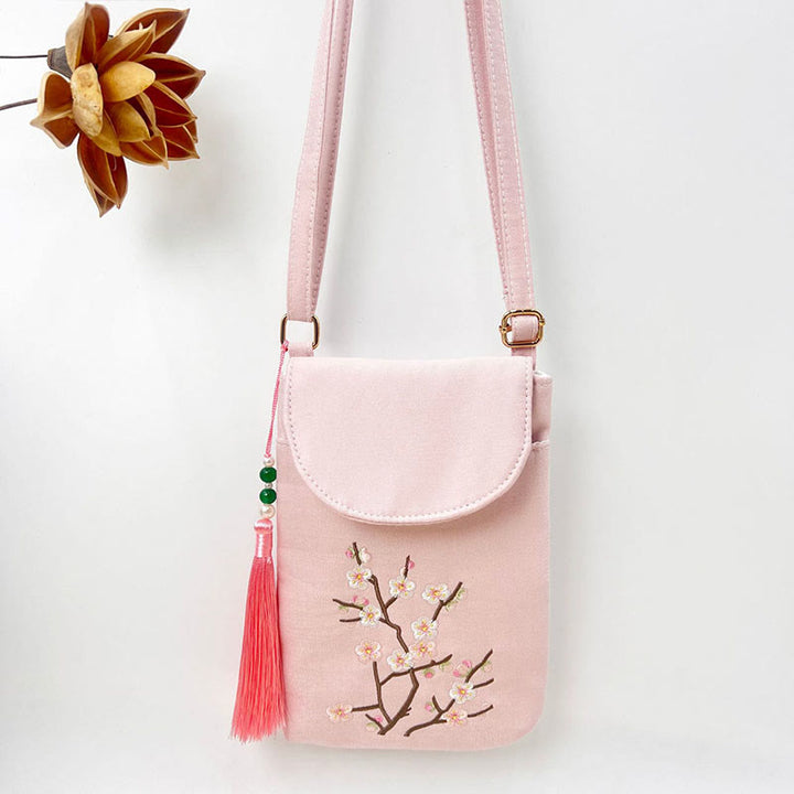 Buddha Stones Small Embroidered Flowers Crossbody Bag Shoulder Bag Double Layer Cellphone Bag - Pink Peach Blossom 13.5*19.5*2.5cm - image 24