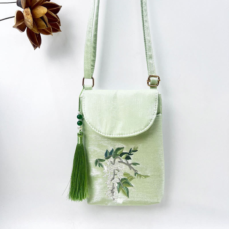 Buddha Stones Small Embroidered Flowers Crossbody Bag Shoulder Bag Double Layer Cellphone Bag - Green Wisteria 13.5*19.5*2.5cm - image 22